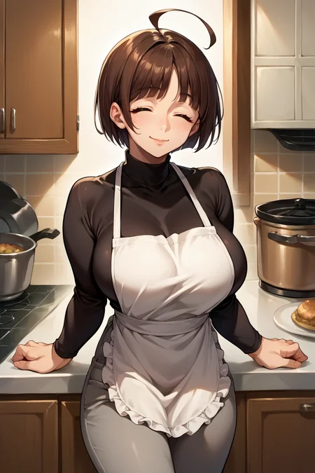 score_9, score_8_up, score_7_up, score_6_up, source_anime, 1girl, solo,  <lora:haradamakoto-pdxl-nvwls-v1-000005:1> haradamakoto, brown hair, short hair, ahoge, black sweater, white apron, grey pants, kitchen, large breasts, looking at you, closed eyes, happy