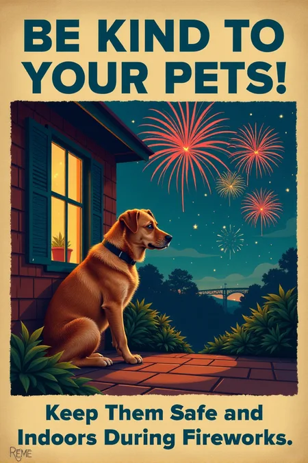 A vintage-style poster featuring a sad-looking dog cowering inside a house with closed windows, while colorful fireworks explode safely in the distance outside. The text in a gentle, blue font reads: "BE KIND TO YOUR PETS! Keep Them Safe and Indoors During Fireworks." Emphasize the importance of animal safety during celebrations. <lora:REMEs_War_Poster_Style:0.95> In REME's War Poster Style,âââ