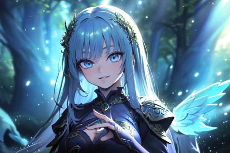 (masterpiece:1.4), 4K8K, (anime style), (high shutterspeed:1.4), (sharp edges),
SyFyEye1, FanFo,
femal angel hands togather, leaning foward, face focus, smile, closed mouth,
wearing Celtic style dress, (Detailed face, Detailed eyes, Detailed lips), (solo),
Fantastic Forest at fantasy night, Fantastic,