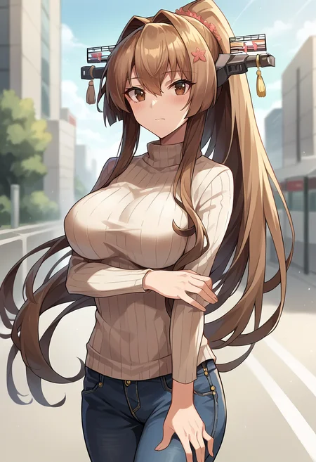 score_9, score_8_up, score_7_up, source_anime, masterpiece, 1girl, solo, ct_y4mat0, large breasts, brown eyes, headgear, light brown sweater, ribbed sweater, denim pants, looking at viewer, outdoors, city, depth of field, day, shiny hair, facing viewer, shiny skin,<lora:Yamato_Kancolle_Pony_ct_ver2:0.9>