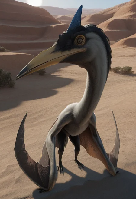 highres, absurdres, newest, masterpiece, best quality, furry, small tail, claws,
quetzalcoatlus, gray wool, head with crest, dark yellow beak, yellow eyes, 3 fingers, 4 toes, membranous wings, winged arms, detailed eyes, professional lighting, solo, masterpiece, desert,