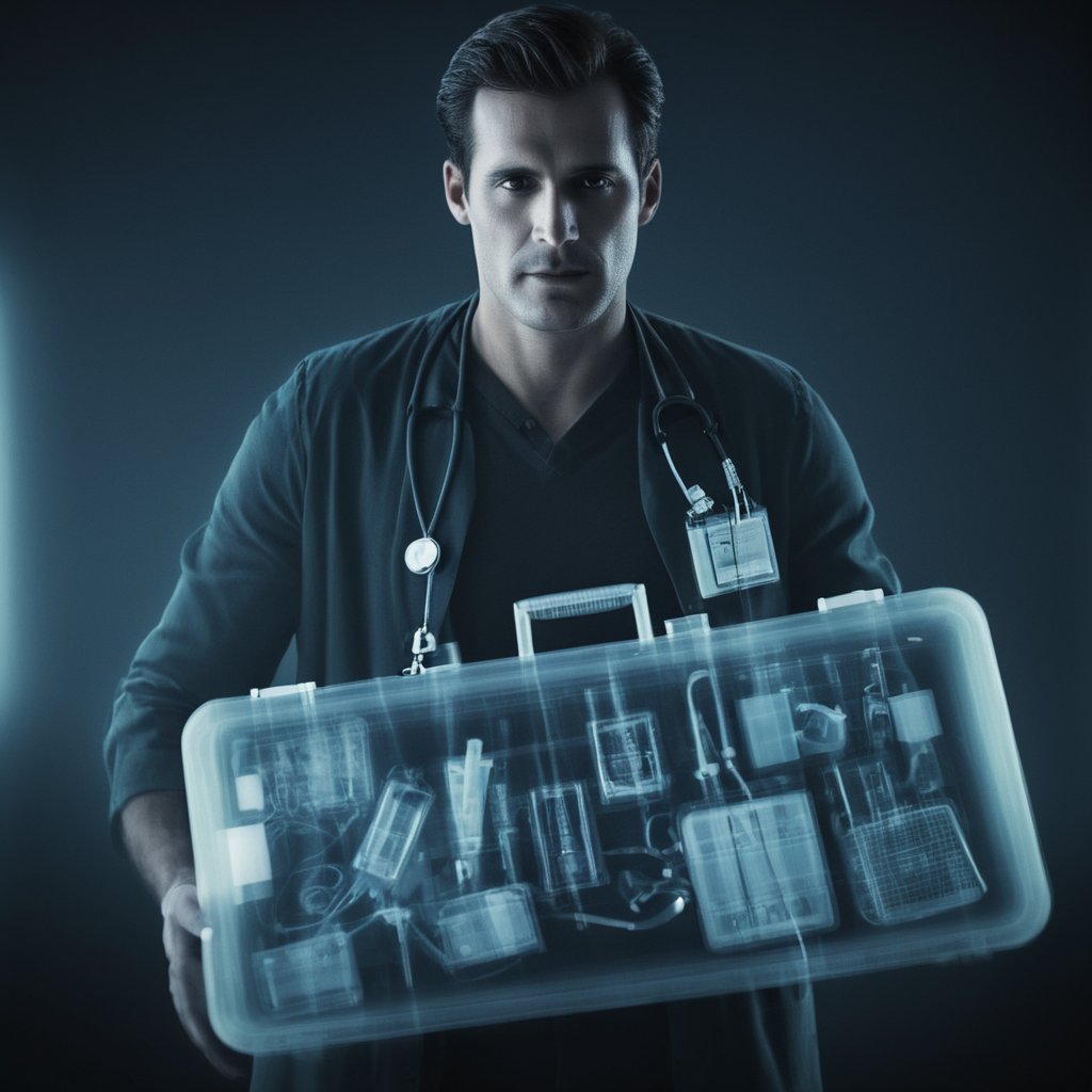 cinematic film still of  <lora:x-ray style:1> X-ray of
a man holding a case with a bunch of medical equipment
,x-ray style, shallow depth of field, vignette, highly detailed, high budget, bokeh, cinemascope, moody, epic, gorgeous, film grain, grainy