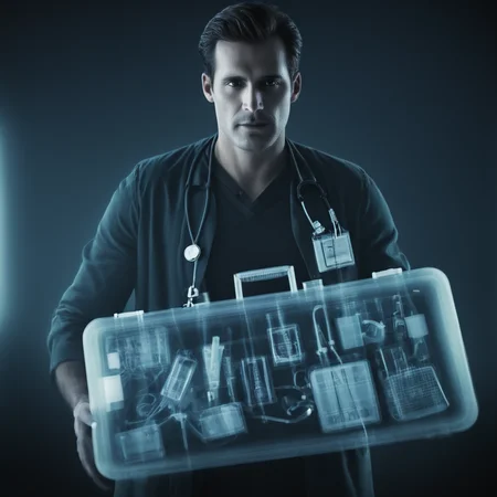 cinematic film still of <lora:x-ray style:1> X-ray of
a man holding a case with a bunch of medical equipment
,x-ray style, shallow depth of field, vignette, highly detailed, high budget, bokeh, cinemascope, moody, epic, gorgeous, film grain, grainy