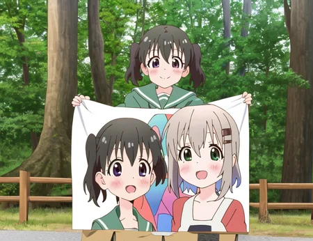 2people, YukimuraAoi KuraueHinata, anishot, 2girls facing viewer ((holding together a huge poster))