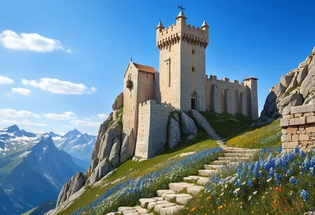 a  crusader watchtower on a (tall rock spire),  (13th Century:1.5), a stairway to the keep, doorway, very wide shot, far out shot, fantasy, blue sky, alpine meadow flowers, best quality, masterpiece, realistic, photo-realistic, amazing, finely detail, ultra-detailed, highres, extremely detailed, 8k wallpaper