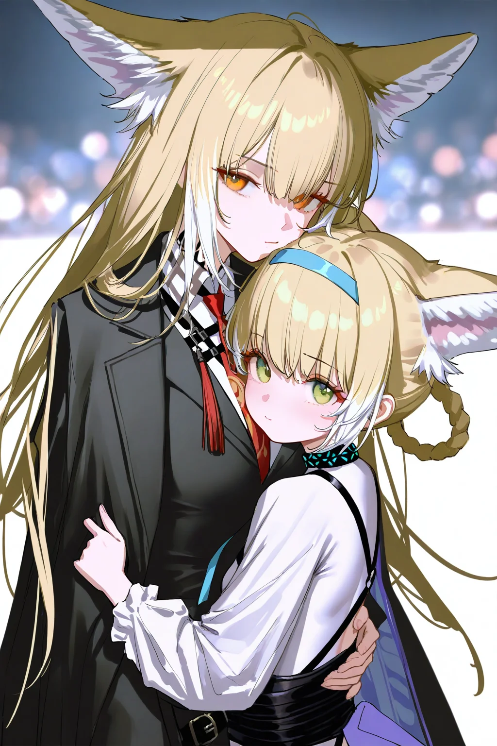 (artist:reoen:0.826446),(artist:machi:0.9),(artist:ningen_mame:0.9),(artist:sho_(sho_lwlw):0.9),(artist:rhasta:0.9),(artist:wlop:0.7),(artist:ke-ta:0.6),(fkey:0.5),(tianliang duohe fangdongye:0.5),(hiten \(hitenkei\):0.6),best quality,amazing quality,(artist:onineko:0.826446),very aesthetic,bokeh,
2girls,multiple girls,
vulpisfoglia_\(arknights\),solo,necktie,braid,shirt,red necktie,white shirt,collared shirt,belt,jacket,upper body,black vest,vest,closed mouth,black jacket,black coat,coat,long sleeves,belt buckle,looking at viewer,black belt,buckle,
BREAK
suzuran \(arknights\),blue hairband,hug,kiss,
white background,
<lora:nyalia_NoobXL:0.3>,<lora:vulpisfoglia_Noob10XL:1>,