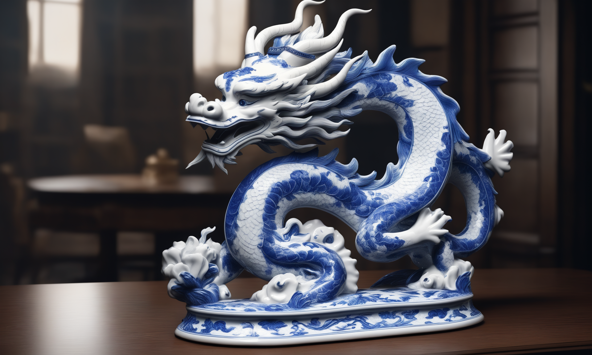 <lora:bwporcelaincd_xl-000007:0.7>, a statue of a chinese dragon standing on a table made of (bwporcelaincd_xl, blue and white porcelain, porcelain:1.2, shiny:1.3, solo:1.3) in office, indoors, full body, chinese zodiac, cutie, cute, still life, animal statue, front view, facing viewer, looking at viewer, (Unbelievable Digital Artwork:1.3), CGSociety, ArtStation, master works, 8K,HDR,UHD,masterpiece,best quality,highly detailed,emotional,harmonious,high budget,moody,epic,gorgeous,high resolution,perfect lighting,finely detail,extremely detailed,ultra detailed,realistic,photorealistic,huge filesize,photographic,real,wallpaper,moody lighting,volumetric lighting,reality ray tracing