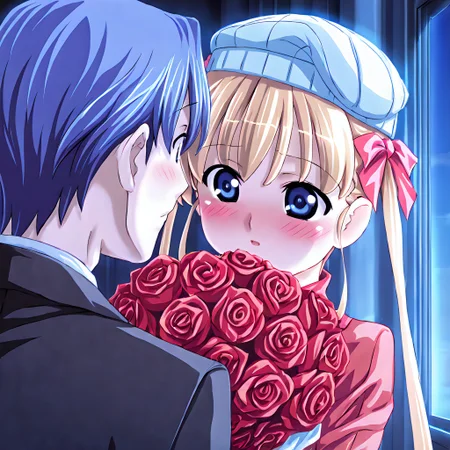 nsfw, highres, best quality, masterpiece, masterpiece, absurdres, newest, perfect quality, best quality, absolutely eye-catching, couple, 1boy, 1girl, couple, romance, hetero, looking at another, imminent kiss, blushing, \(holding bouquet of roses\), suit, red dress, detailed background, indoors, valentine's day, cinematic lighting, vibrant colors, close up, Dawn, Blue hair, Shoulder-length hair, Two yellow hair clips, Blue eyes, Fair skin, Pink miniskirt, Black top, Pink boots, White beanie hat, Red scarf, hikari