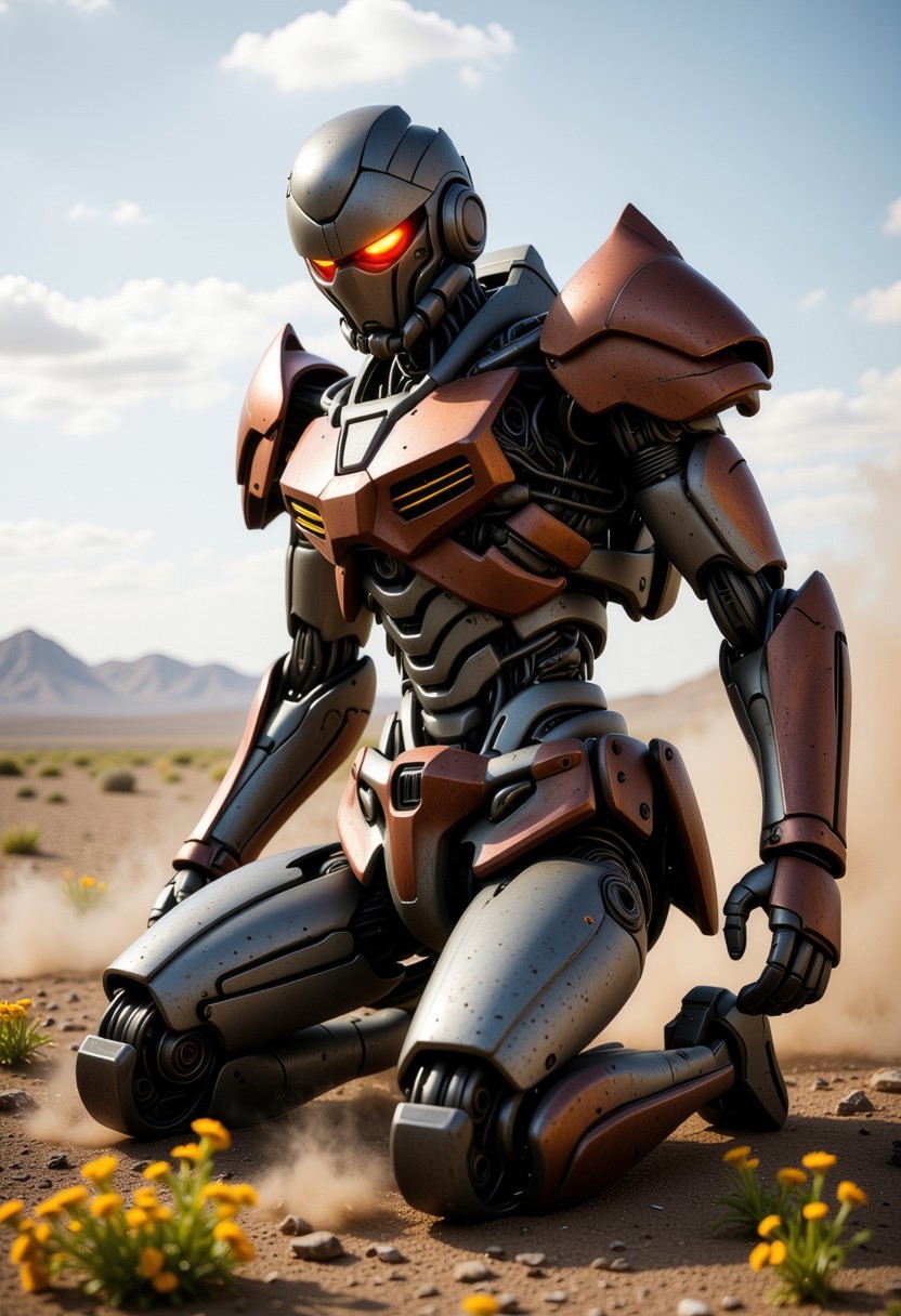 The gundam is rusted and broken, exposed wires and mechanic parts are sparking and on fire, one of the Gundams eyes glows red and the rest of its face is damaged. The gundam is missing an arm and kneels on a deserted battlefield. dust, debris and smoke surround the gundam. yellow flowers grow in the dirt