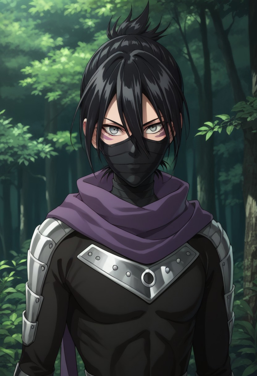 score_9, score_8_up, score_7_up, source_anime, highly detailed, 
nosonikku, 1boy, male focus, bodysuit, scarf, black hair, hair between eyes, black bodysuit, solo, facial mark, purple scarf, grey eyes, ninja uniform, upper body, mask,
outdoor, tree, shadows, forest,