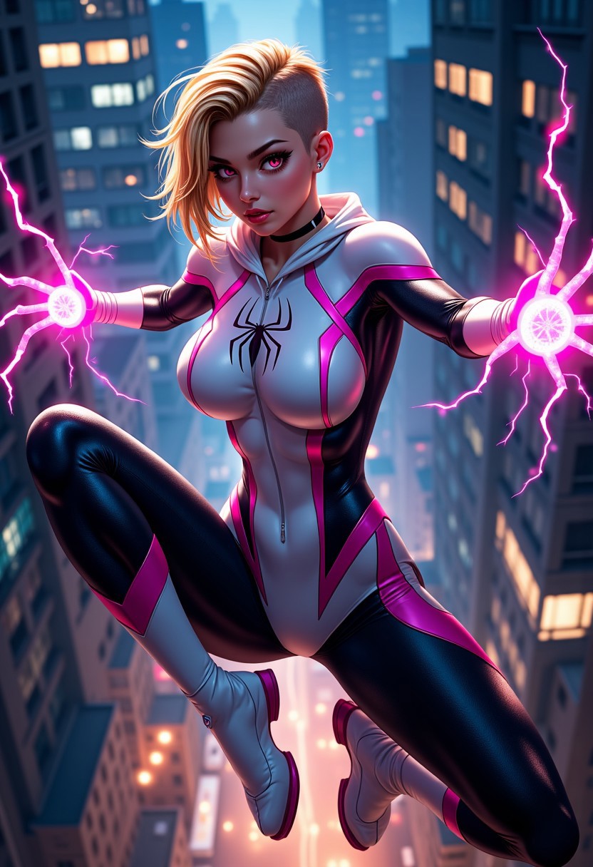 very athletic and sexy erotic pose swinging between buildings, very cute 2.5d reaslitic anime superhero  poster gwen stacy, fabulous body, eroticism, ((sexy spider gwen)), ((very cute young and sexy spider gwen photo at night)), , flat tummy, flying through the air, close-up action shot, hips, feet, head tilted back, back arched, one knee up, one leg outstretched, electric sexy lighting, erotic lighting, volumetric lighting, cinematography, (small perfectly round breasts, deep cleavage), (white spider gwen superhero suit) ,(pink highlights in hair, very short blond hair, shaved sides), (sexy spider gwen hoodie), feels so good, eyebrow piercing, wearing kinky choker, rooftop at night, spiderwebs everywhere, explicit tease, gorgeous eyes, looking at viewer, cumming, ((beautiful girl, grabbing ass)), (face), (spreading legs, squeezing ass), ((young, uhd, ((great dark tan)), cum)), sensual photograph, nikon, (very sexy black and white spider gwen suit), athletic body, fit butt, black leggings, undercut messy blonde hair, shooting spider webs out of her hands, electric spider webs emitting energy, perky small breasts, flat chest