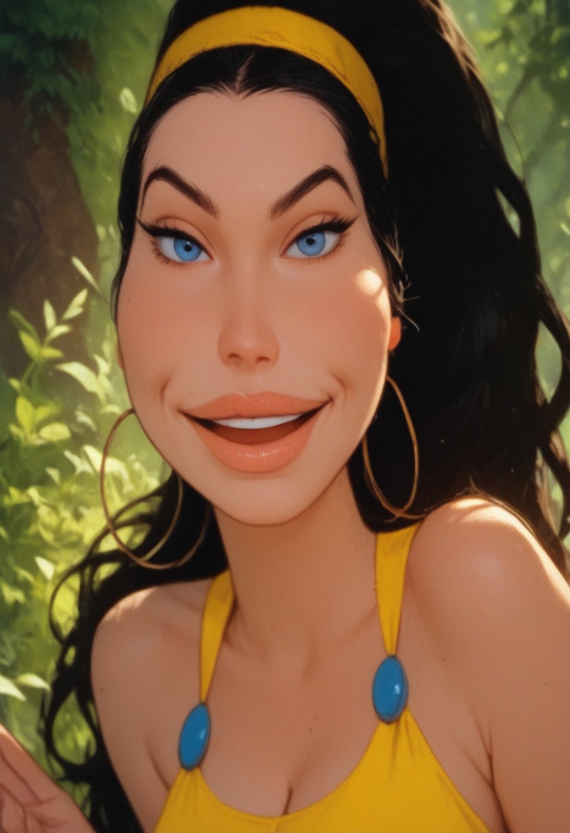 (score_9, score_8_up, score_7_up), best quality, masterpiece, perfect face, high_priestess, 1girl, solo, black hair, long hair, ponytail, yellow hairband, yellow dress, cleavage, large breasts, hoop earrings, smile, open mouth, standing, long legs, blue eyes, barefoot, lustful, smug, looking at viewer, outside, beautiful island, daylight, vivid colors,