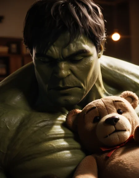 <lora:The_Incredible_Hulk_2008:0.6> hulk, man sleeping with teddy bear, extremely detailed, best resolution, best quality, masterpiece, crisp, sharp focus, 4k,  zPDXL3, zPDXLrl, cinematic lighting, photorealistic
