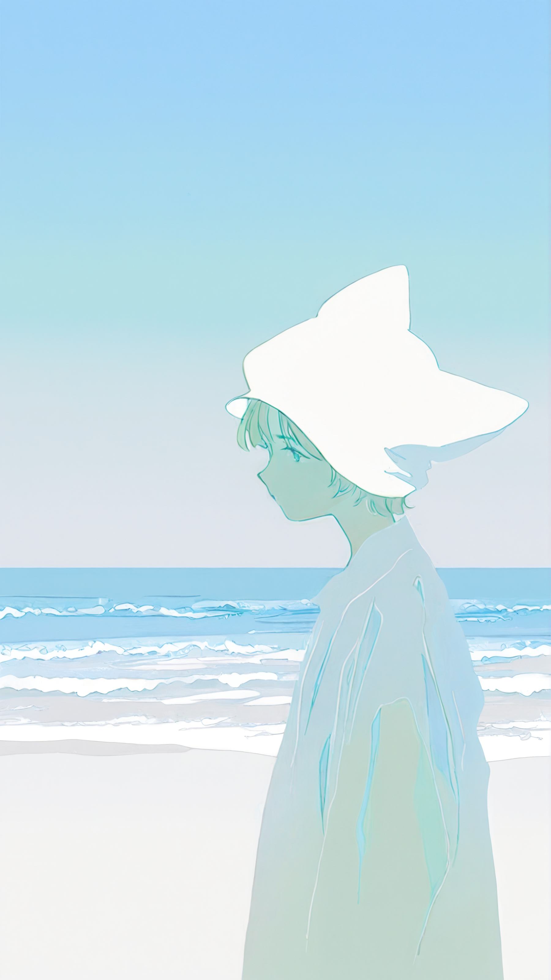 masterpiece, newest,absurdres,incredibly absurdres, best quality, amazing quality, very aesthetic, surreal, pastel colors, 
1girl, distant girl, horizon, white theme, village, ocean, light blue hue, white animal hat, floating shirt, light green shirt,
 <lora:Neg4tive_sp4ce:0.3>  <lora:hrn_yc:0.6> hr2_yc_illu,
