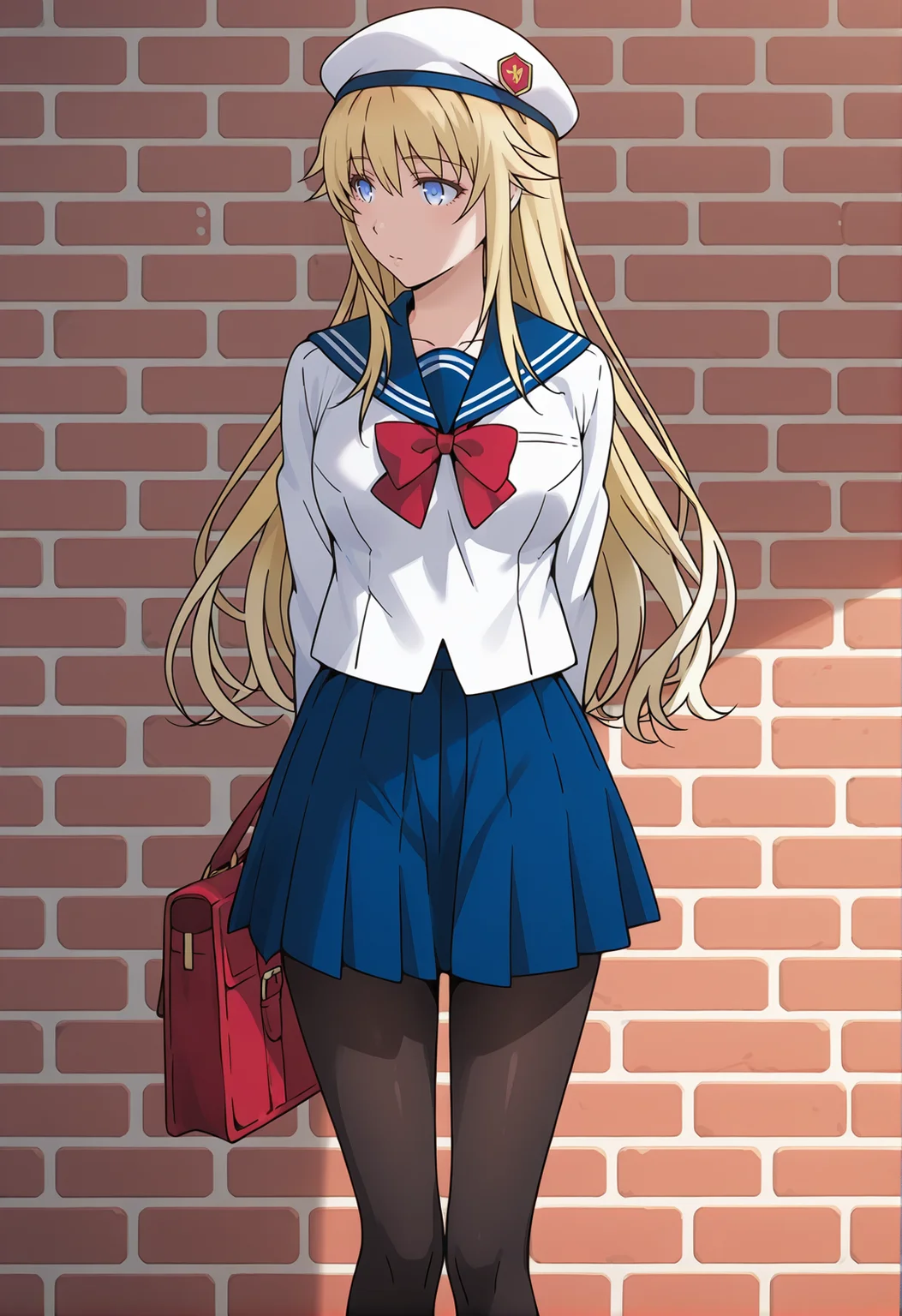 <lora:Utara Canaria_illustrious-000046:1>,
Utara Canaria,pantyhose,school uniform,outdoors,brick wall,arms behind back,serafuku,bow,bag,blue skirt,pleated skirt,pants,red bow,beret,standing,black pantyhose,1girl,solo,white beret