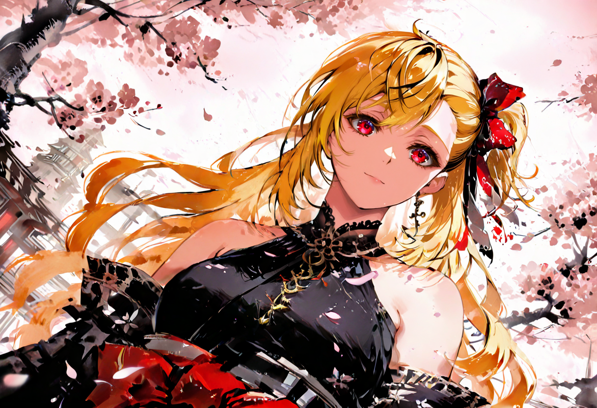 anime artwork masterpiece,best quality,cinematic lighting,natural shadow,highest detail,detailed background,depth of field,insane details,intricate,aesthetic,subsurface scattering,1girl, cherry blossom tree in background, plum blossom,surrounded by flowers,aesthetics,InkWashpainting, dynamic angle,  cherry blossom petals flowing by wind,
finely detailed face, beautiful face,
park, building, japanese architecture,
<lora:kaelaIL:0.85> kaelaIL, kaela3rd, japanese clothes, black kimono, bare shoulders, long hair, red eyes, one side up, hair ribbon,
<lora:9_EnchantingEyes:0.95> Enchanting Eyes
<lora:TER_ILL_V1:0.85>
<lora:InkWashpainting:1.5> . anime style, key visual, vibrant, studio anime,  highly detailed