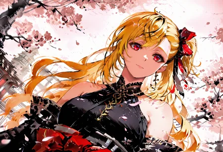anime artwork masterpiece,best quality,cinematic lighting,natural shadow,highest detail,detailed background,depth of field,insane details,intricate,aesthetic,subsurface scattering,1girl, cherry blossom tree in background, plum blossom,surrounded by flowers,aesthetics,InkWashpainting, dynamic angle,  cherry blossom petals flowing by wind,
finely detailed face, beautiful face,
park, building, japanese architecture,
<lora:kaelaIL:0.85> kaelaIL, kaela3rd, japanese clothes, black kimono, bare shoulders, long hair, red eyes, one side up, hair ribbon,
<lora:9_EnchantingEyes:0.95> Enchanting Eyes
<lora:TER_ILL_V1:0.85>
<lora:InkWashpainting:1.5> . anime style, key visual, vibrant, studio anime,  highly detailed