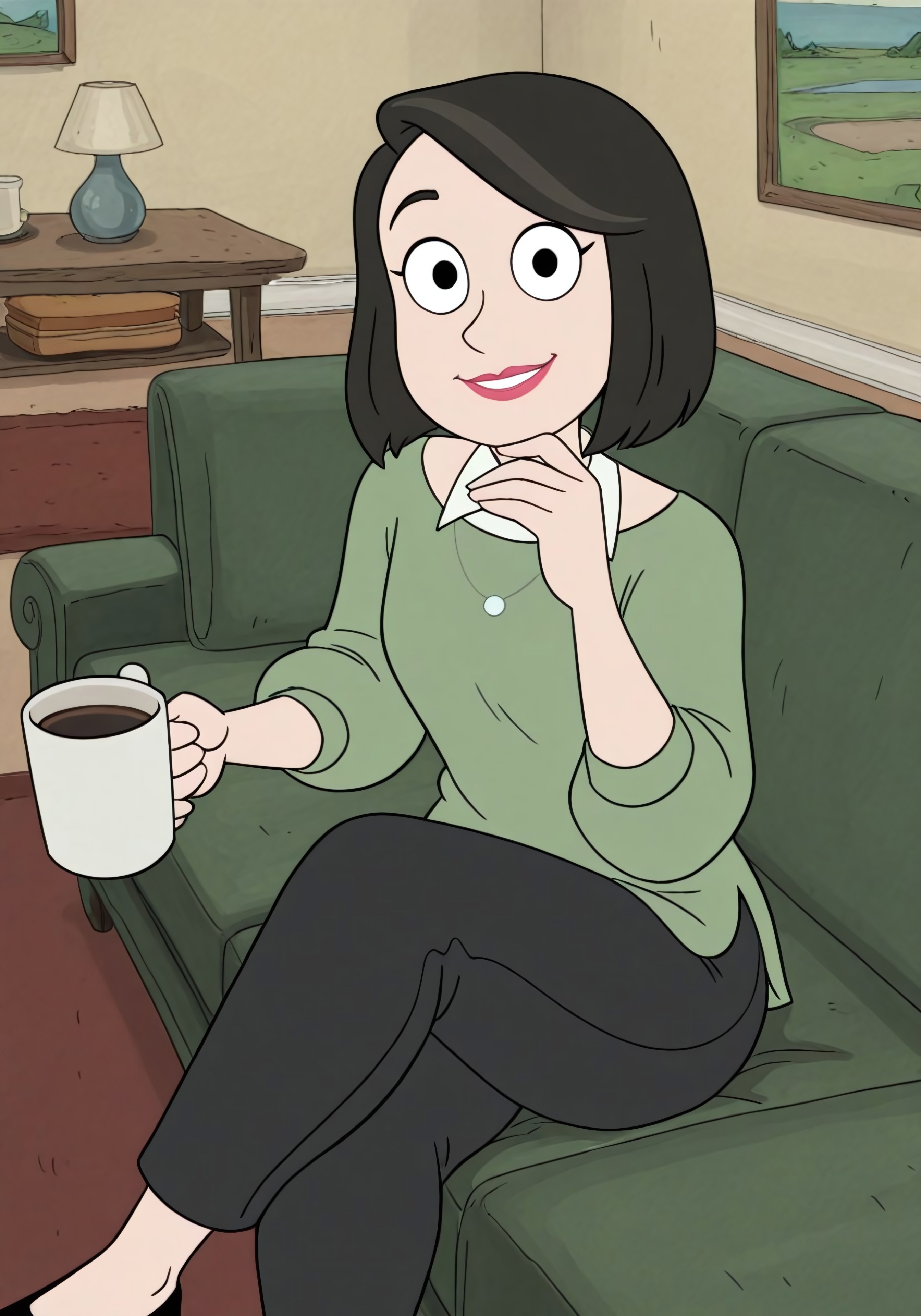  masterpiece, best quality, absurdres, highres, high quality, highly detailed 
dynamic angle, foreshortening

1girl, solo, mrsparkILL, black hair, short hair, green sweater, jewelry, necklace, black eyes, red lipstick, bangs, white collar, sitting, legs crossed, hand on chin, looking at viewer, on couch, face, living room, rug, coffee table, smiling, holding mug, black pants, socks, black footwear, 