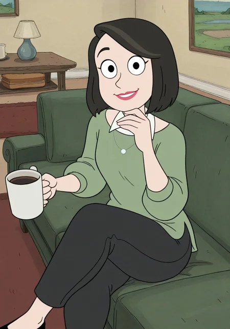 masterpiece, best quality, absurdres, highres, high quality, highly detailed
dynamic angle, foreshortening
1girl, solo, mrsparkILL, black hair, short hair, green sweater, jewelry, necklace, black eyes, red lipstick, bangs, white collar, sitting, legs crossed, hand on chin, looking at viewer, on couch, face, living room, rug, coffee table, smiling, holding mug, black pants, socks, black footwear,