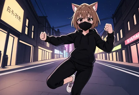 Aisaka_Taiga, 1girl, solo, flat chest, brown_eyes, catgirl, hoodie, from below, ground view, black mask, face mask, black hoodie, street, night, narrow street, dark, agressive, suburban, neon lights, street, step on, sneakers, fighting, sole, leg up, jumping, black pants