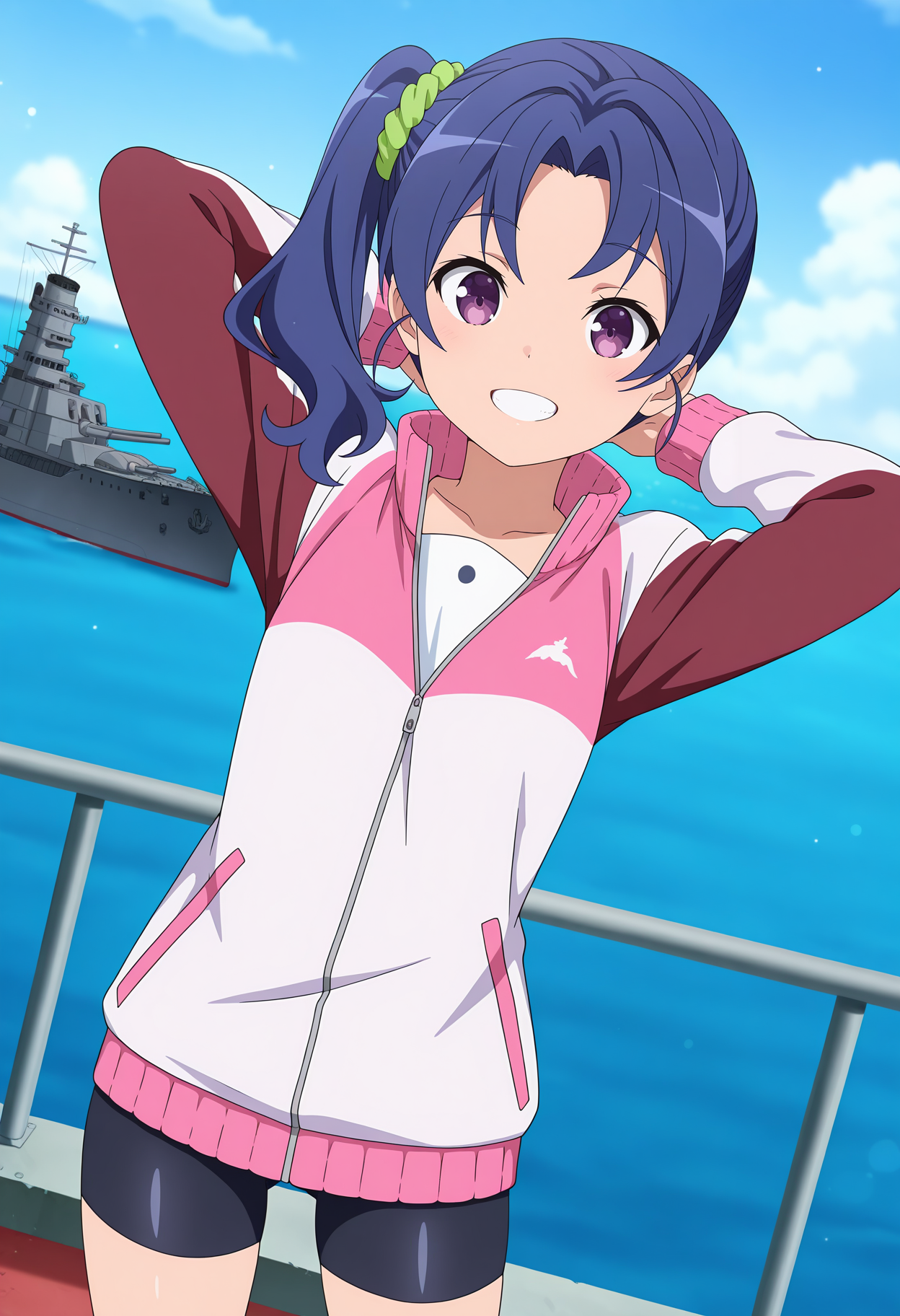 anime screencap, masterpiece, best quality,
<lora:HighSchoolFleet_WazumiHime_IlluXL:0.9>,
1girl, solo, open mouth, grin, teeth, smile,
side ponytail, long hair, blue hair, purple  eyes, hair scrunchie, green scrunchie,
multicolored jacket, pink jacket, white jacket, red jacket, open collar, long sleeves, bike shorts,
arms behind head, standing, looking at viewer, cowboy shot, legs,
horizon, dock, outdoors, battleship, warship, blue sky, blurry background