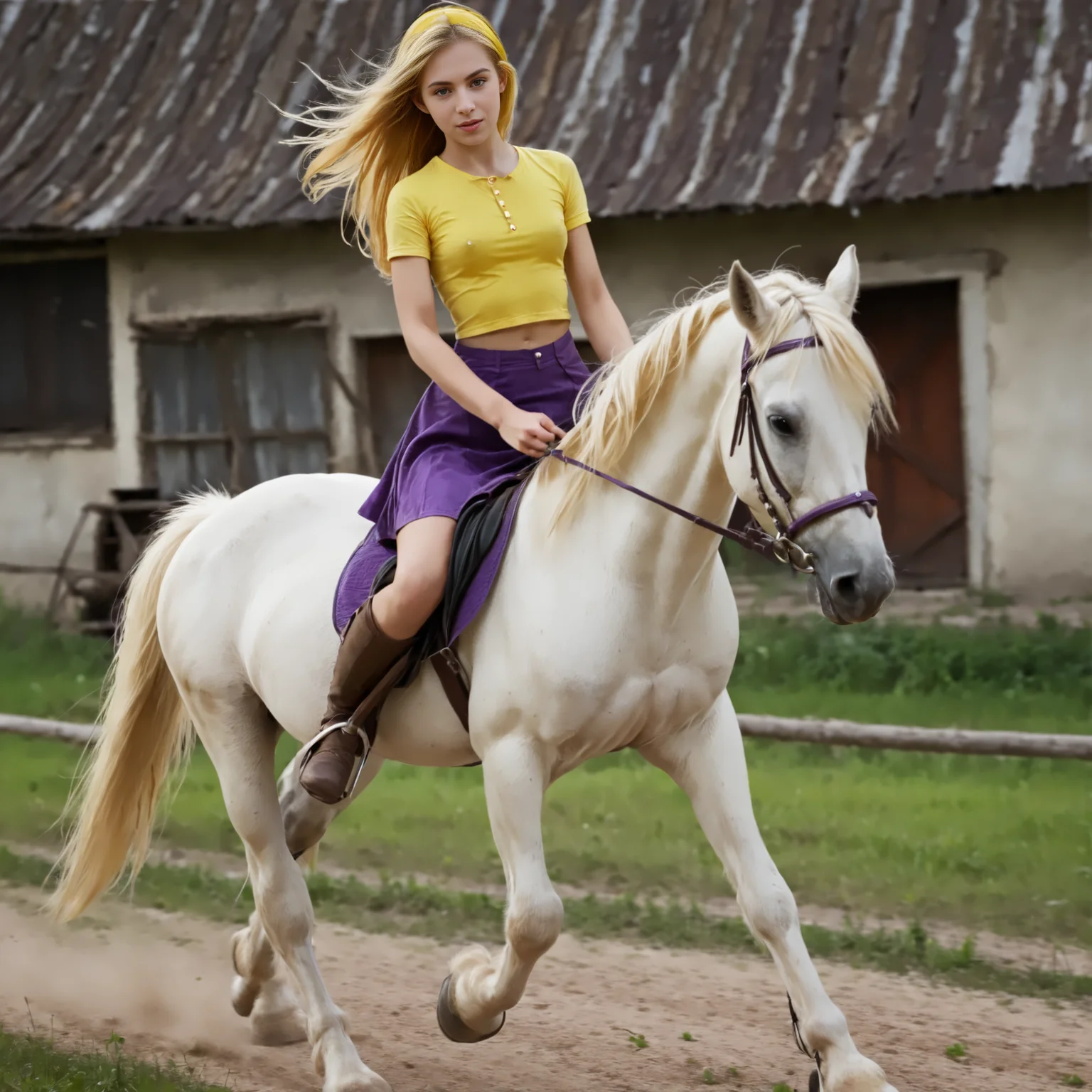RiHorse, front_view++ (slim 25yo girl) riding a galloping horse. The girl wears yellow short skirt and purple shirt. The girl has long blonde hair  <lora:RideHorse:1>