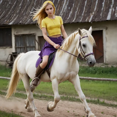 RiHorse, front_view++ (slim 25yo girl) riding a galloping horse. The girl wears yellow short skirt and purple shirt. The girl has long blonde hair <lora:RideHorse:1>