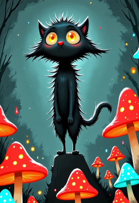 A whimsical illustration of a lanky black cat with spiky fur in dark whimsical art style, perching among crimson and turquoise glowing toadstools, digital painting with expressive brushstrokes showing textured fur, misty forest background, characteristic Tim Burton inspired design with luminous amber eyes
