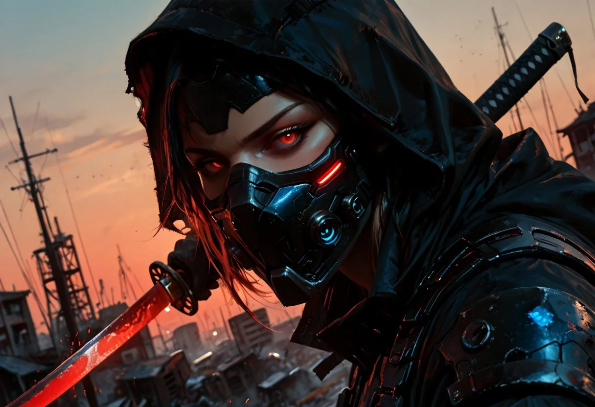 masterwork, masterpiece, best quality, detailed, depth of field, , high detail, best quality, very aesthetic, 8k, photorealistic, realistic skin, deep colour, high contrast, hyperdetailed, matte digital painting, trending on artstation, sharp edges, precise, clear focus, detailed face, closeup, face focus, sideview, wide shot, looking at viewer,
futuristic, gritty.
line art, ink art of a woman, solo, soldier, enigmatic, (glowing red eyes), matte black modular suit of armor, molded armour, whole body protection, heavy boots, holding a katana, blue glowing blade, ready to fight, fighting stance. Deep hood, black face mask, pale skin,
background war-torn urban landscapes, dramatic lighting, dynamic angle, whole body, face focus, high contrast, deep shadows, distant fires, smoky sky, matte painting,
STP-Illu