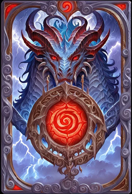Card, Tarot, graphic border, Illustrative, Dark, angelic, porcelain,blue dragon head, detailed, horns, storm clouds, dark background, red eyes, sky, lightning,
score_9, score_8_up, score_7_up,