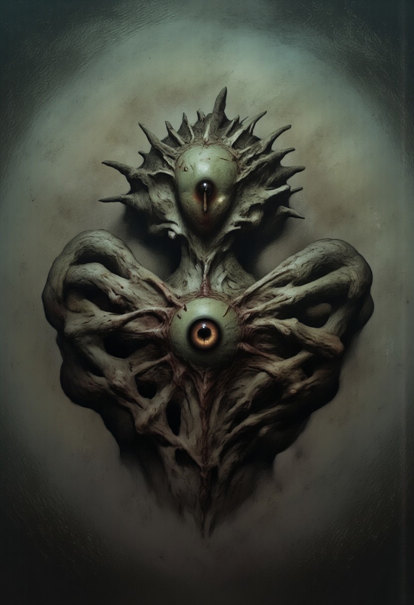 aidmaMJ6.1, Made out of paper, a PaperStyle , d4artstyle, d4concept, , d00mstyle, made of clay, ZBClay model of a gray sculpture
A grotesque, alien-like entity resembling a giant, malformed eyeball encased in veiny, fleshy tissue. The central eye is bloodshot and pulsates with a malevolent glow, its iris surrounded by dark, cracked skin. Multiple tentacles or appendages emerge from the lower part of the creature, writhing and curling in a disturbing manner, while the upper portion is encircled by a crown of jagged, bony spines that give it a sinister and protective appearance. The skin is mottled green with reddish veins coursing through it, suggesting a living, organic mass that defies natural form. The creature exudes an aura of otherworldly horror and seems to watch with an unblinking gaze, evoking dread and fascination.
Background solid color with a faded dimly lit, fog-covered darkness tone that emphasizes its silhouette. 
 The medium is not a traditional painting or illustrative medium like watercolor or ink but rather a digital rendering, eerie and unsettling.