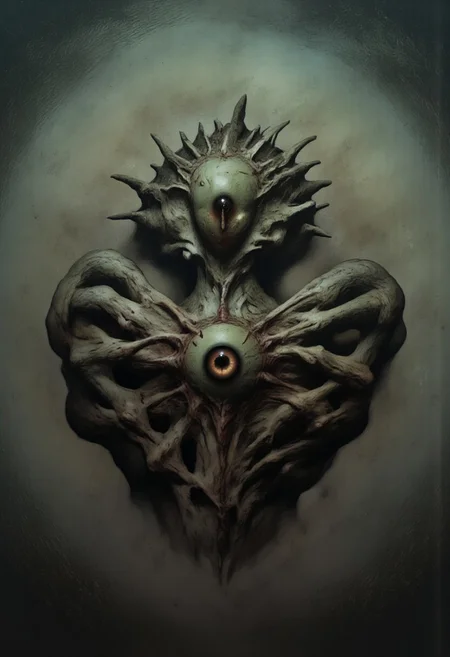 aidmaMJ6.1, Made out of paper, a PaperStyle , d4artstyle, d4concept, , d00mstyle, made of clay, ZBClay model of a gray sculpture
A grotesque, alien-like entity resembling a giant, malformed eyeball encased in veiny, fleshy tissue. The central eye is bloodshot and pulsates with a malevolent glow, its iris surrounded by dark, cracked skin. Multiple tentacles or appendages emerge from the lower part of the creature, writhing and curling in a disturbing manner, while the upper portion is encircled by a crown of jagged, bony spines that give it a sinister and protective appearance. The skin is mottled green with reddish veins coursing through it, suggesting a living, organic mass that defies natural form. The creature exudes an aura of otherworldly horror and seems to watch with an unblinking gaze, evoking dread and fascination.
Background solid color with a faded dimly lit, fog-covered darkness tone that emphasizes its silhouette.
The medium is not a traditional painting or illustrative medium like watercolor or ink but rather a digital rendering, eerie and unsettling.