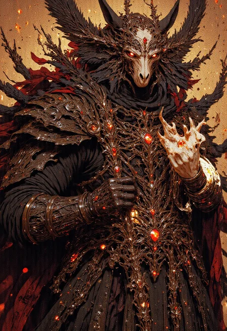 mythp0rt, 32k UHD fantasy movie still, photograph, A technomancer wizard in a post-apocalyptic wasteland, he wears a horse skull headpiece over his face with gems in eye holes that cover his eyes, wasteland background, high action pose, interesting camera angle, warm colors, texture, cinematic realism, high action pose, correct digits, realistic skin, intricately detailed