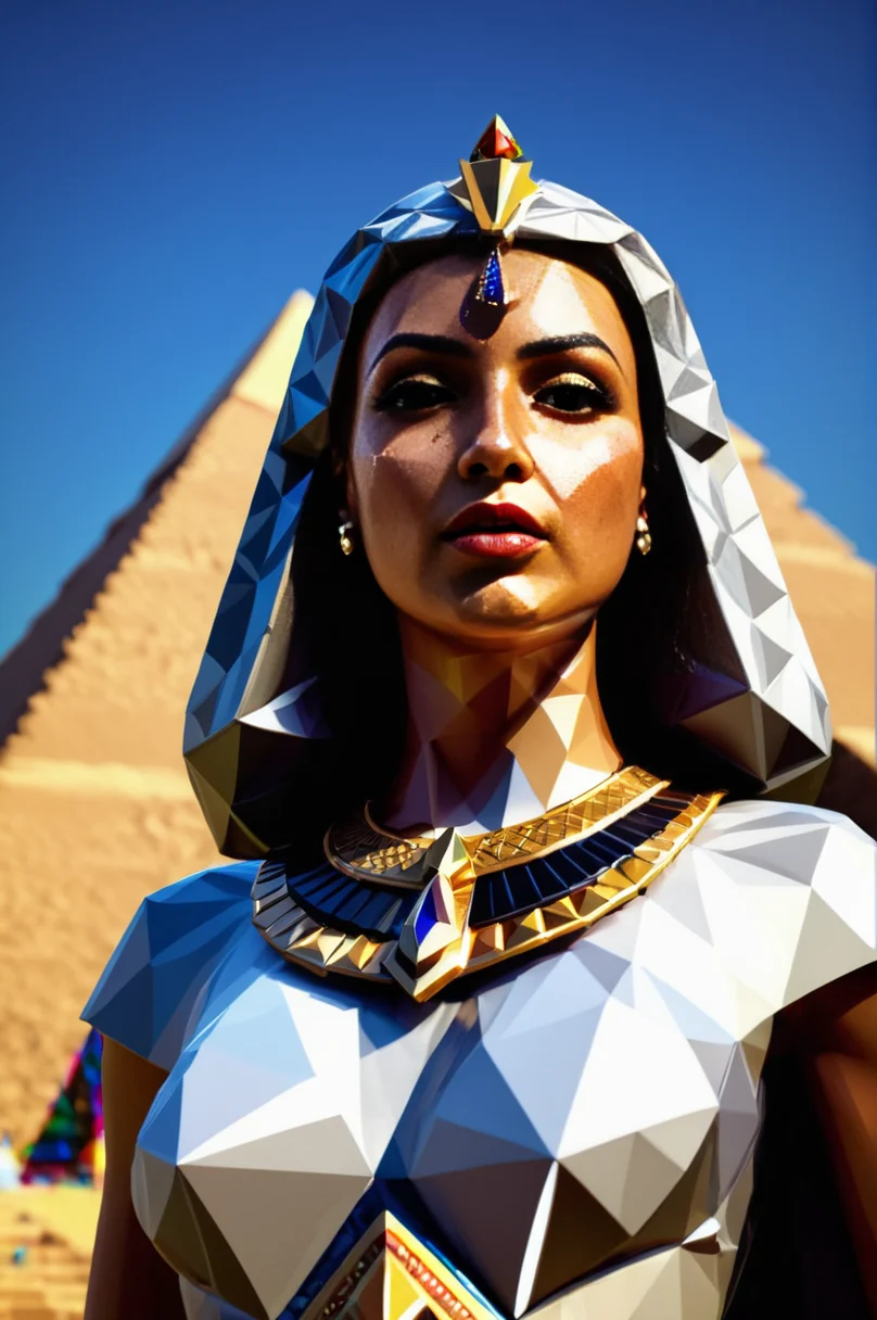 egyptian princess made of lowpoly, face focus:1.1 , dramatic angle, magic, standing infront of pyramids <lora:LowpolyXL_LoRA:1>