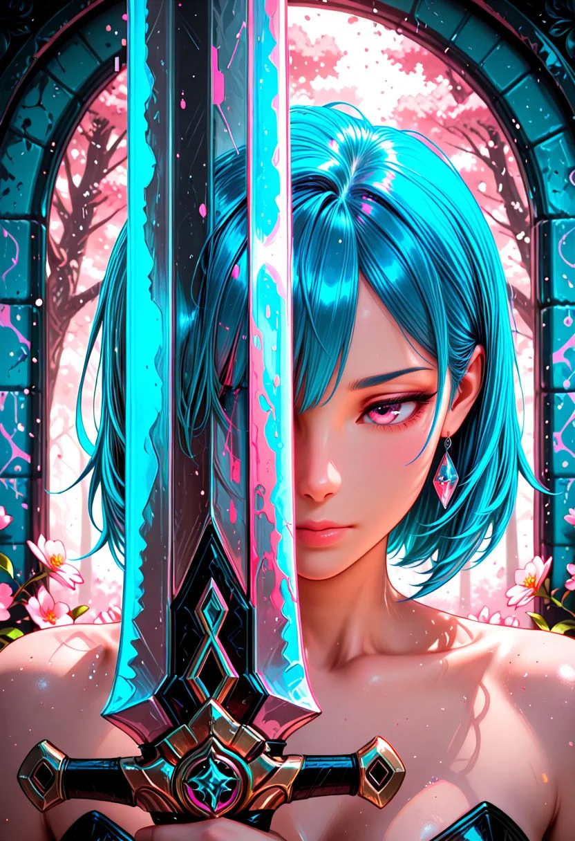 Smooth Quality, woman, pretty, beautiful, slim, curvy, pink accent, portrait, Splash Art, Glitch Art, neon blue hair, (holding a giant wide sword up to face, covering half of face with sword), giant wide sword, reflective sword, sword reflects a serene cherry blossom forest, pink graffiti wall background, very close up, <lora:Smooth_Booster:0.5> <lora:Smooth_Lighting_Enhancer:0.25> <lora:SmoothStyle_Delta:0.7>