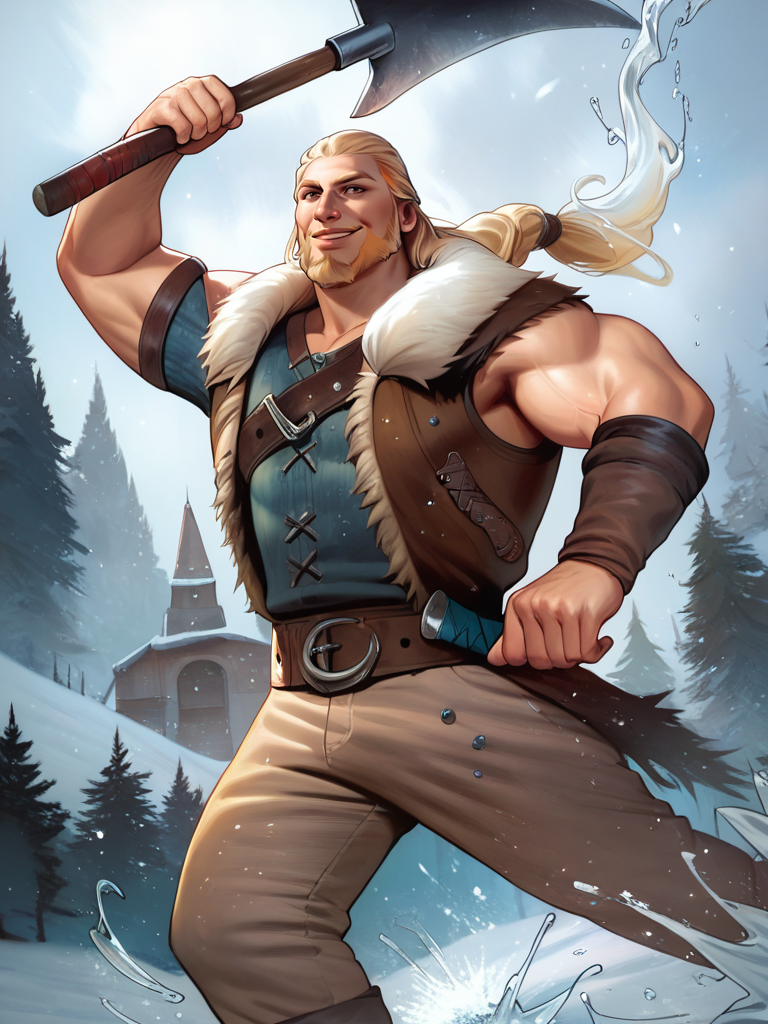 score_9, score_8_up, score_7_up, warrior, handsome, muscular male, winter clothes, big beard, cool, from below, holding axe, epic pose, muscular, evil smile, splash art, blonde hair, viking, pants, 
 <lora:CrystalFae_Style:0.95>, CrystalXLP,