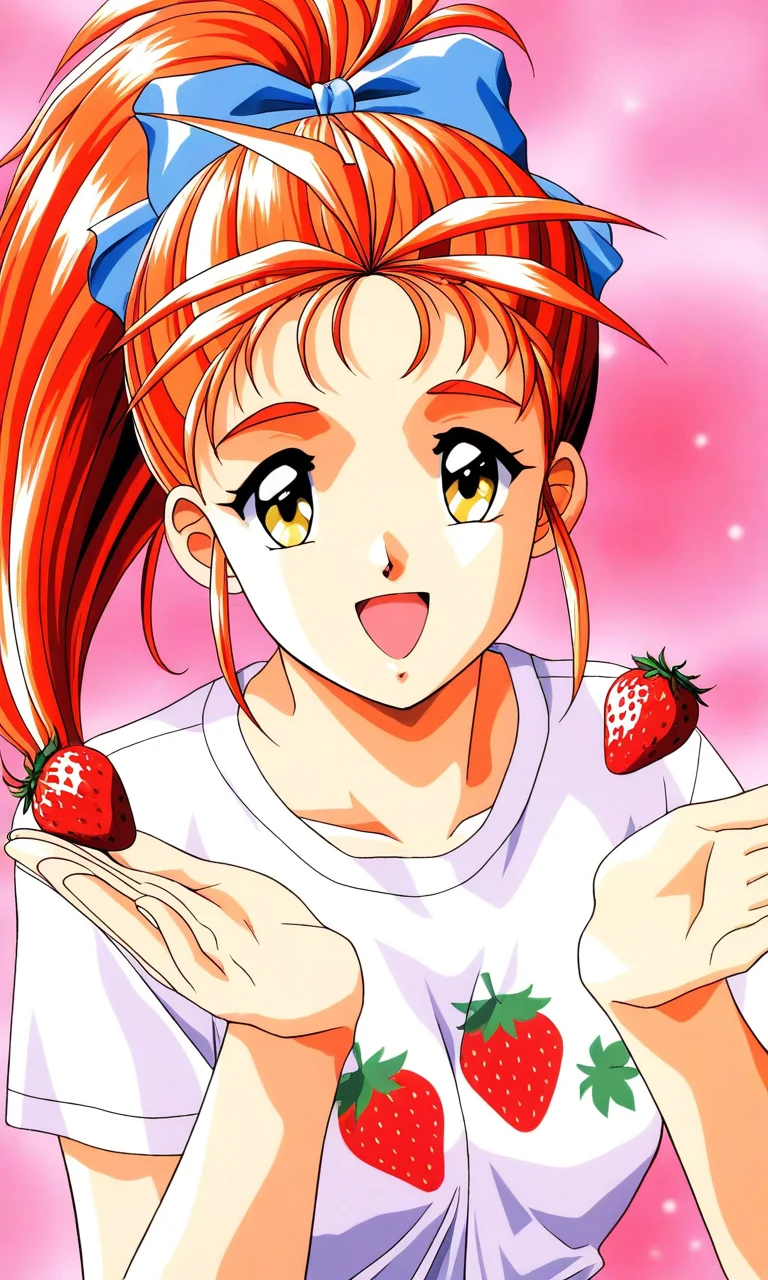 general,highres, ultra-detailed,very aesthetic,best quality ,best hands, BREAK <lora:Saotome_Yumi_Tokimeki_Memorial_IS:1>
Saotome_Yumi(Tokimeki_Memorial), 1girl, solo, Yellow eyes, orange hair, hair bow, high ponytail, long hair, small breasts,
open mouth, happy,
bow, shirt, print shirt, strawberry,
smile, looking at viewer, food print, t-shirt, short sleeves, upper body,