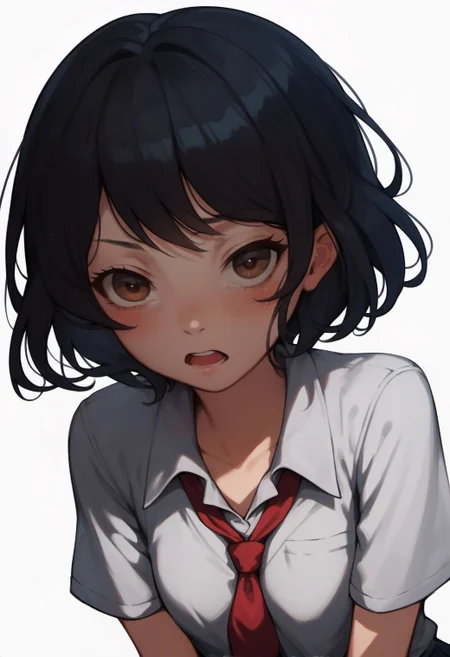 score_9, score_8_up, score_7_up, score_6_up,( sketch:0.6), flat color,
ha1ru, 1girl, solo, looking at viewer, blush, short hair, open mouth, bangs, simple background, shirt, black hair, white background, brown eyes, school uniform,
<lora:fix_hands:1.5>
<lora:hairu_style_v11-000007:0.8>,