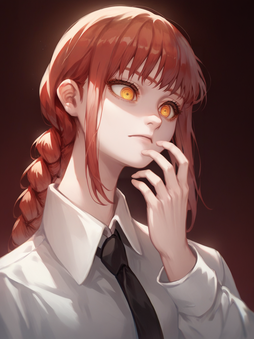 score_9, score_8_up, score_7_up, score_6_up, score_5_up,    <lora:makimaXLP:1> makima, 1girl, yellow eyes, red hair, braided ponytail, ringed eyes, white collared shirt, black necktie,