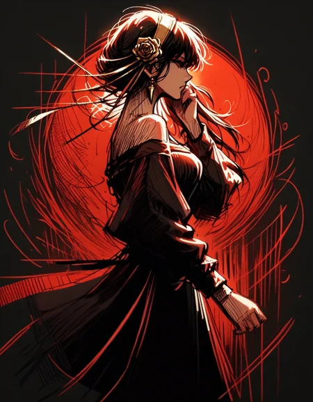 score_9, score_8_up, score_7_up, <lora:Navi_WrathStrokes_PonyXL_S1:1.2> , 1girl, moonlight, yor briar , solo, standing, cowboy shot, wind, hair flowing in the wind, from side, looking at viewer, hand in own hair, looking at viewer,