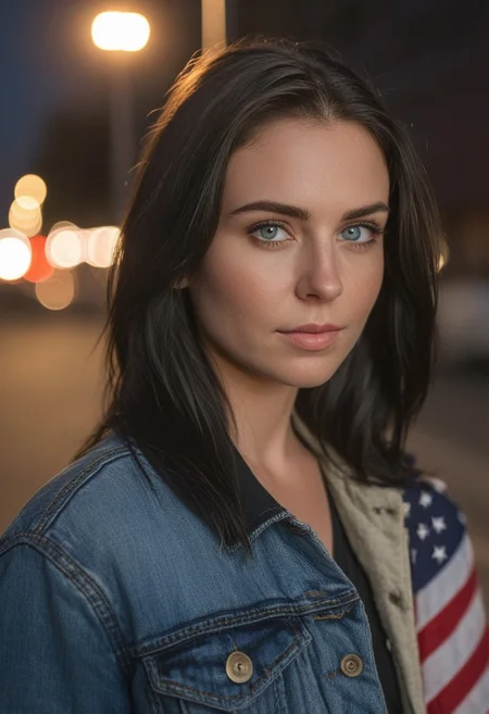 30yo woman holding an American flag.
Blue eyes. perfecteyes 
Wearing Denim jacket trucker hat. 
Long dark black slick back hair. No makeup. Dusk, Street light. Looking at camera POV. Slight smile, tilting head.. Tilt head.
Medium Close Up shot. Bokeh. Bokeh light.