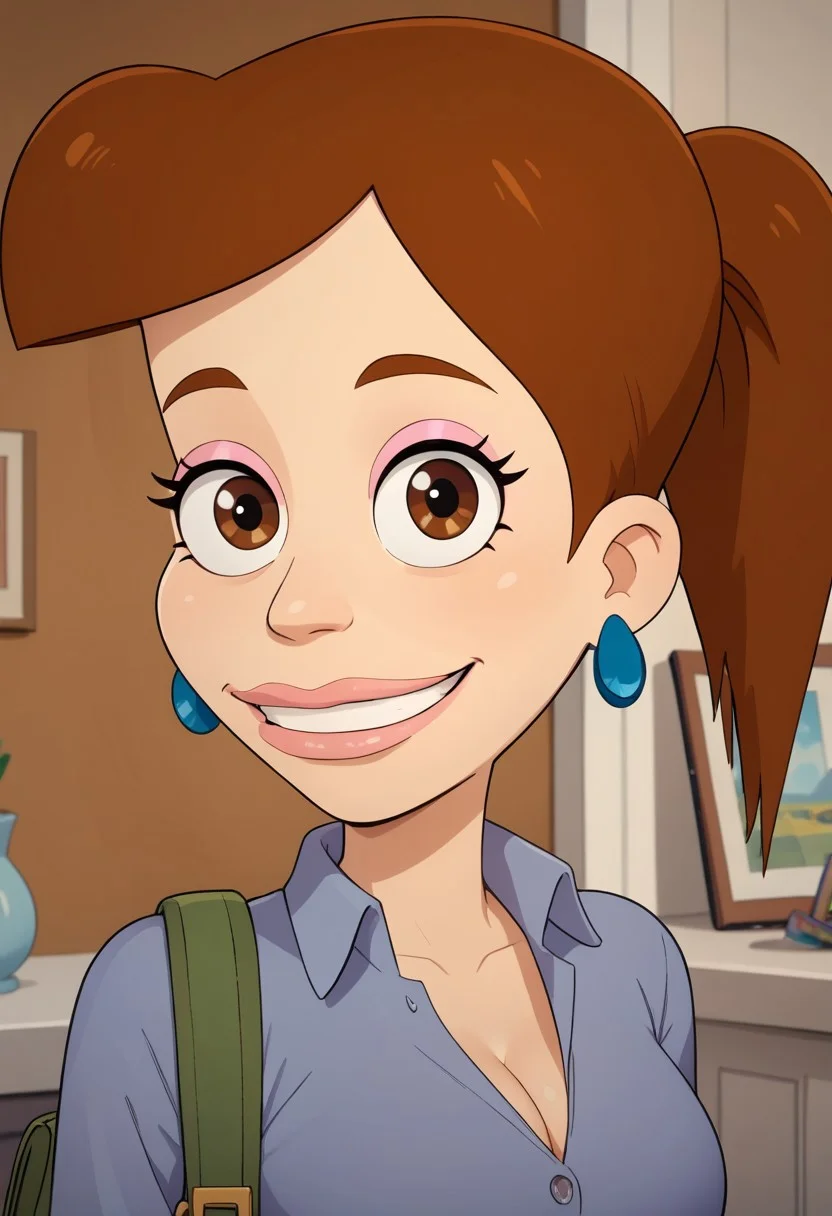 ((bedroom background)),score_9, score_8_up, score_7_up,score_6_up,
1girl, Solo, Shannon_BM, light skin, brown eyes, saddle brown eyebrows, saddle brown hair, ponytail hair, pink lips, pink eyeshadow, turquoise circle earrings, medium blue blouse, dark blue pants, light blue heels, social smile, big eyes, sexy face, close-up, face photo, perfect eyes, perfect smile, looking at the viewer, big breasts