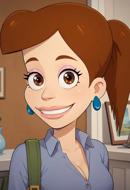 ((bedroom background)),score_9, score_8_up, score_7_up,score_6_up,
1girl, Solo, Shannon_BM, light skin, brown eyes, saddle brown eyebrows, saddle brown hair, ponytail hair, pink lips, pink eyeshadow, turquoise circle earrings, medium blue blouse, dark blue pants, light blue heels, social smile, big eyes, sexy face, close-up, face photo, perfect eyes, perfect smile, looking at the viewer, big breasts
