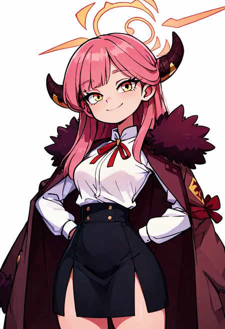 masterpiece, best quality, medium breasts, (curvy), zzAru, yellow eyes, pink hair, long hair, demon horns, halo, brown coat, white shirt, black skirt, red ribbon, fur-trimmed coat, , <lora:AruBlueArchive_NAI:1.0>,, smile, looking at viewer, cowboy shot, ,<lora:GoldenCATLoraNAI:1.0>,
