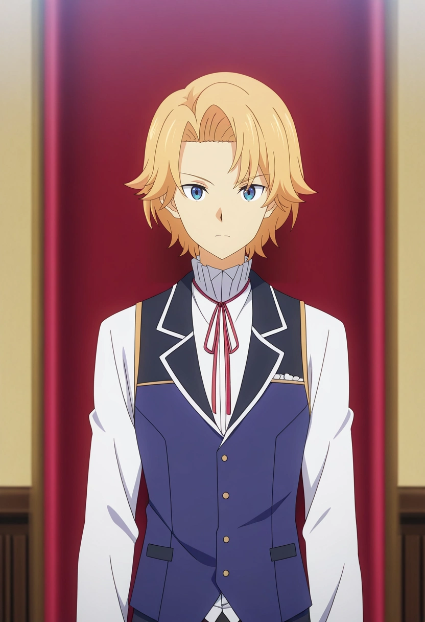 masterpiece, best quality, , anime screencap, anime coloring, official style, looking at viewer, 1boy, solo, male focus, <lora:august_von_earlshide_ilxl:0.92>, august_von_earlshide, blonde hair, blue eyes, short hair, red ribbon, vest, white shirt, neck ribbon, ,