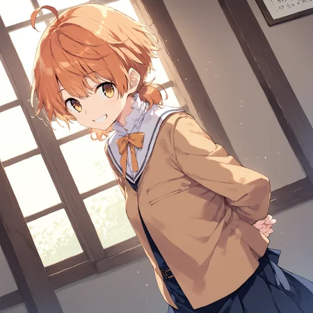 cowboy shot,masterpiece,comic,2020\(style\),best quality,detailed,score_9, score_8_up, score_7_up, source_anime, rating,game cg,2020s\(style\),rating,rating_sensitive, sexually suggestive,1girl,solo, <lora:Koito_Yuu:1> koito yuu,orange hair,yellow eyes,small breasts, ahoge,short hair,smile,adorable,arms behind back