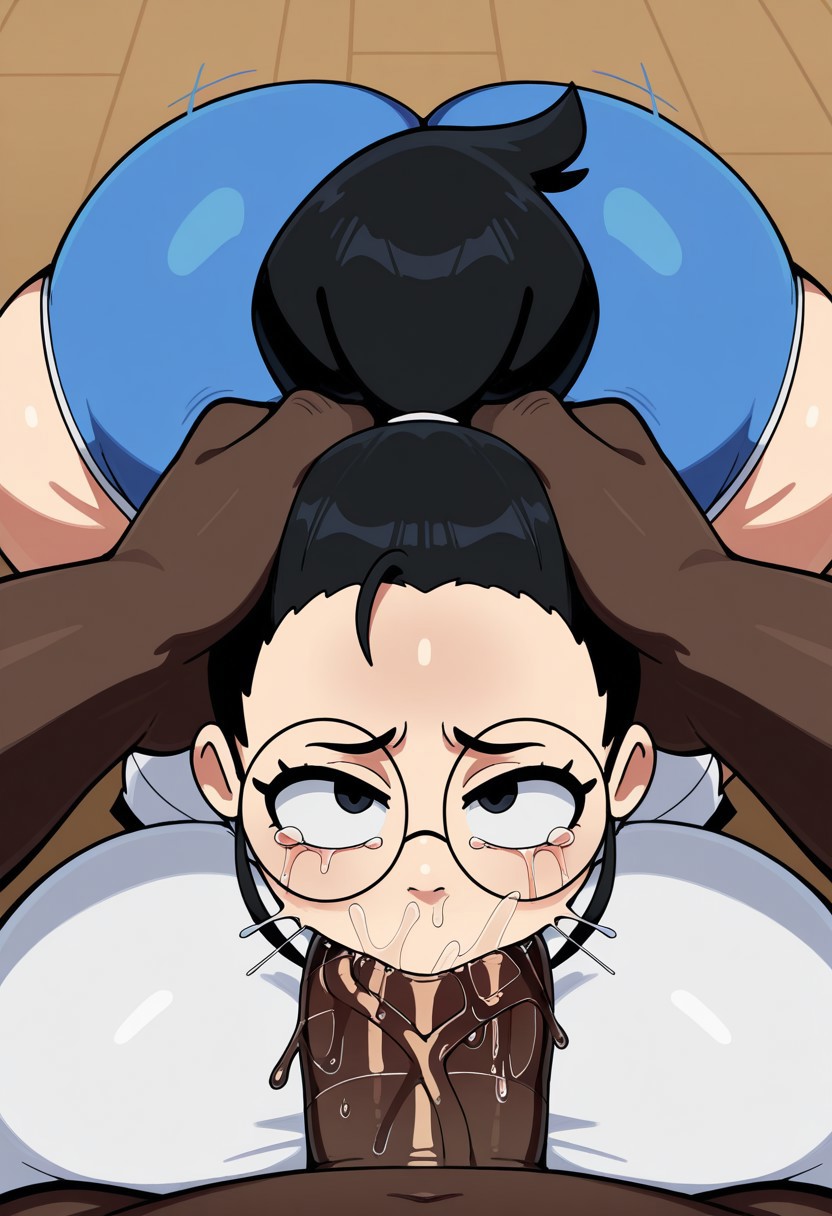 ,white shirt,blue shorts,side view
black hair,ponytail,round glasses,
huge breast,huge hips,full bodu view,small waist
front view,looking at viewer,1girl, 1 boy, solo focus, (blowjob huge cock, suck huge fat penis), thrust dick in throat, huge fat penis, large massive penis, , tears, crying, (( ((deepthroat, saliva drools, dripping drools)), dark skinned male, head grab
POV view,man POV view