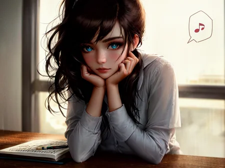 volumetric lighting, silky_hair, light shining through the window, korean_style, city, (spoken_musical_note:1.3),
masterpiece, best quality, ultra-detailed,
female, solo, high school girl, digital art, brunette, ponytail, green pupils, eyes, confident expression, average chest size, school uniform, detailed background of a classroom, sitting at a desk, (writing in a notebook), hide hands,
cowboy shot, contrapposto, looking at viewer, highres, superb, 8k wallpaper, extremely detailed, intricate, soft lighting, 4k, smooth lighting, 8k, depth of field, masterpiece, smooth focus, hyper detailed, detailed eyes, eyes focus, (mid shot1.25), (portrait:1.25), (solo:1.2), (beautiful face:1.15),
(nixeu_soft:0.7), (nixeu_white:0.7),