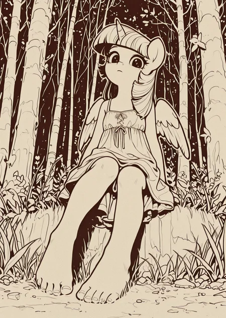 (photorealistic:1.3), solo, twilight_sparkle_\(my_little_pony\), leg up,(dynamic comparison:1.3), masterpiece, best quality, very aesthetic, [sketch:no_lineart], looking_at_viewer, humanization, sitting, casual dress, fur, wings, outline, , [minimalism:0.9], from_below, foot bottom view, sole, toys, BREAK, (forest:1.3), grass, warm, summer,