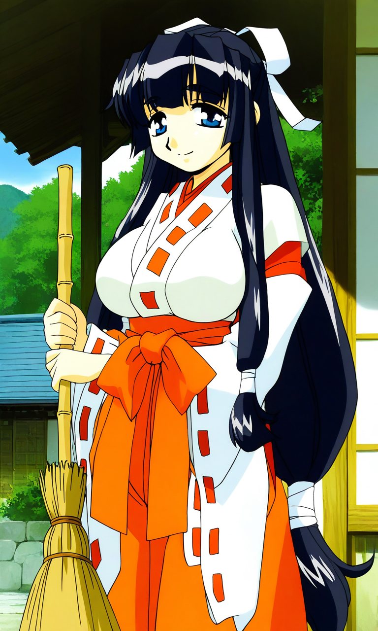 general,highres, ultra-detailed,very aesthetic,best quality ,best hands, BREAK <lora:Yamagami_Shino_Final_romance4_Ver2.0_IS:1>
Yamagami_Shino, 1girl, solo, very long hair, blue eyes, black hair, large breasts, bangs,  very long hair, hair ribbon, sidelocks, low-tied long hair,
miko, japanese clothes, hakama skirt, ribbon, orange hakama, 
long sleeves, holding broom, bamboo broom, wide sleeves, looking at viewer,
outdoors, ribbon-trimmed sleeves, smile, red hakama, standing, day, cowboy shot